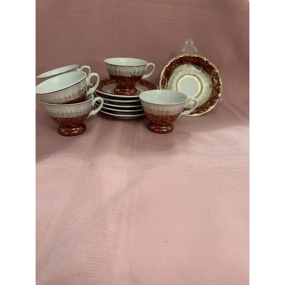 VNTG Set of 6 Porcelana SCHMIDT Brasil Espresso Cups -Multicolor Burgundy Gold - Picture 10 of 12